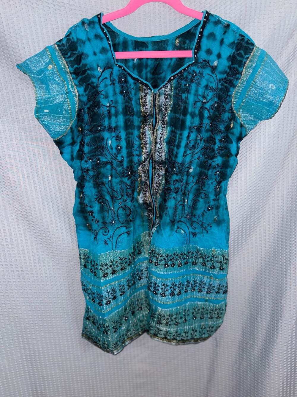 Sakkas Monet Embroidered Tie Dye Ombre Cap Sleeve Blouse Top